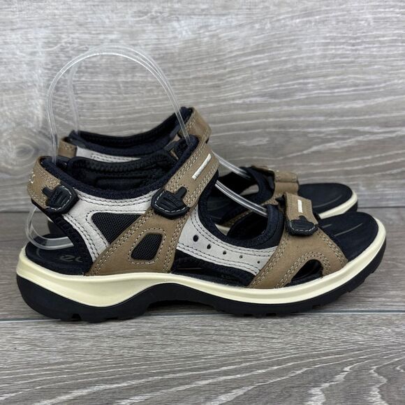 Ecco Yucatan Tan Black Gray Leather Women’s Sz 8/EU 39 Hook & Loop Sport Sandals - Picture 1 of 10